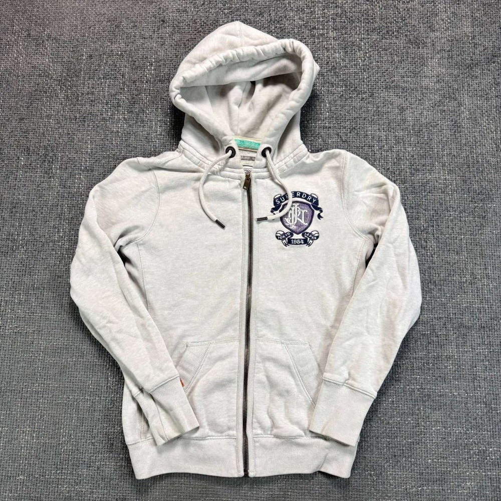 Superdry Full Zip Hoodie Womens Small Grey Embroidered Crest Y2K Streetwear